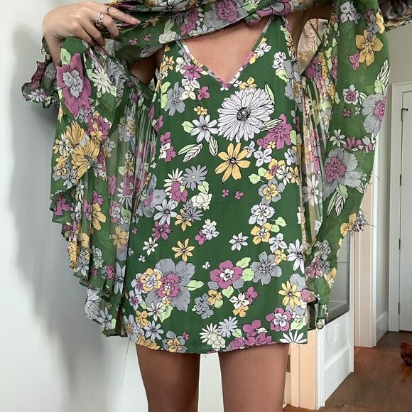 Free People "Everything and More" Green 2 piece floral shift dress/tunic L - Picture 5 of 9